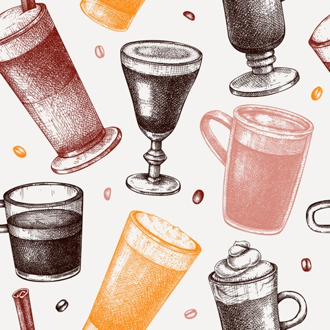 Hand-sketched coffee seamless pattern. Vector sketches of mugs with aromatic caffeine drinks background. Cappuccino, latte, americano, espresso in vintage style. Vector beverages backdrop
